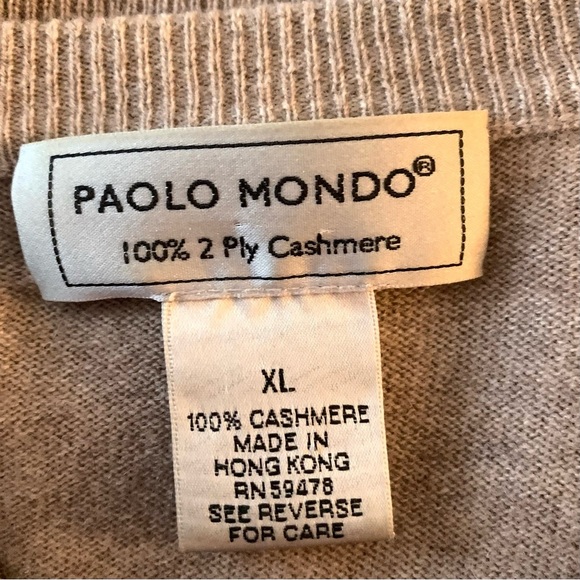 PAULO MONDO 100% Cashmere Two Ply V Neck Sweater, tan - Picture 5 of 6